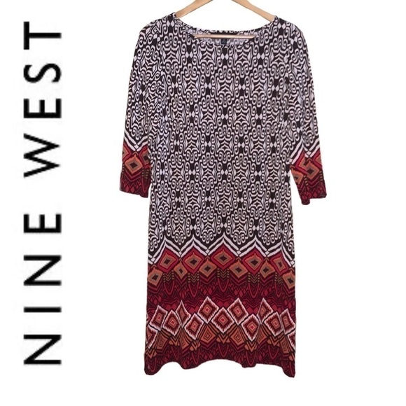 Nine West Dresses & Skirts - NINE WEST 3/4-sleeve Dress Stretch Straight Hem Aztec Brown Red Orange Womens 12